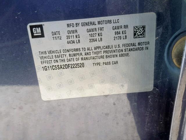 1G11C5SA2DF222520 - 2013 CHEVROLET MALIBU 1LT 蓝色 照片 10