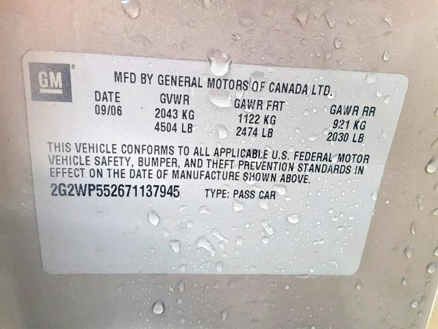 2G2WP552671137945 - 2007 PONTIAC GRAND PRIX BEIGE photo 10