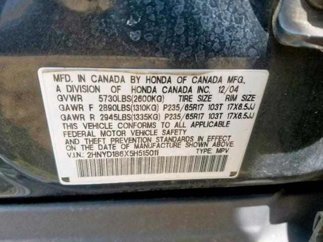 2HNYD186X5H515011 - 2005 ACURA MDX TOURIN CHARCOAL photo 10