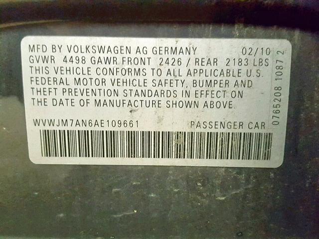 WVWJM7AN6AE109661 - 2010 VOLKSWAGEN PASSAT KOM GRAY photo 10