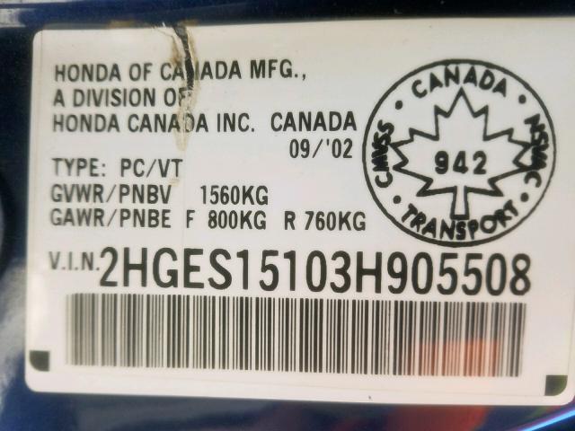 2HGES15103H905508 - 2003 HONDA CIVIC DX BLUE photo 10