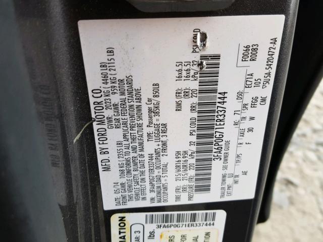 3FA6P0G71ER337444 - 2014 FORD FUSION S GRAY photo 10