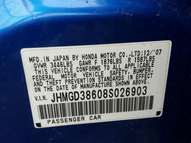 JHMGD38608S026903 - 2008 HONDA FIT BLUE photo 10