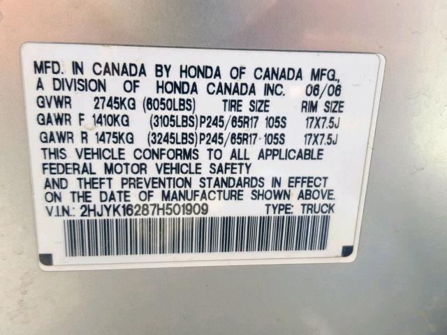 2HJYK16287H501909 - 2007 HONDA RIDGELINE SILVER photo 10