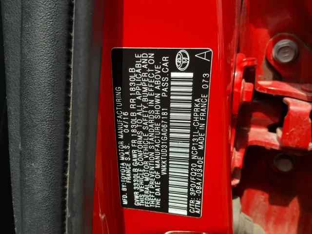 VNKKTUD31GA067181 - 2016 TOYOTA YARIS L RED photo 10