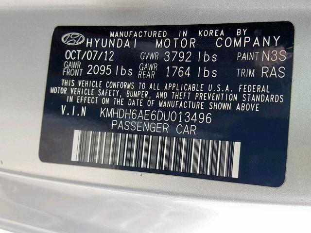 KMHDH6AE6DU013496 - 2013 HYUNDAI ELANTRA CO SILVER photo 10