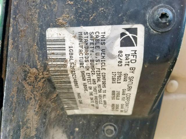 1G8AL52F63Z148867 - 2003 SATURN ION LEVEL GREEN photo 10