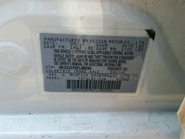 3N1CE2CP6FL380284 - 2015 NISSAN VERSA NOTE WHITE photo 10