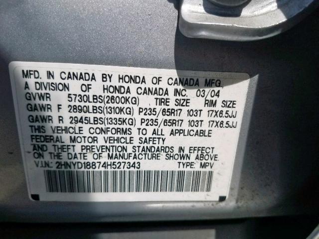 2HNYD18874H527343 - 2004 ACURA MDX TOURIN GRAY photo 10