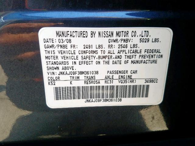 JNKAJ09F38M361038 - 2008 INFINITI EX35 BASE GRAY photo 10