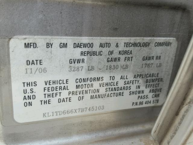 KL1TD666X7B745103 - 2007 CHEVROLET AVEO BASE 银色 照片 10