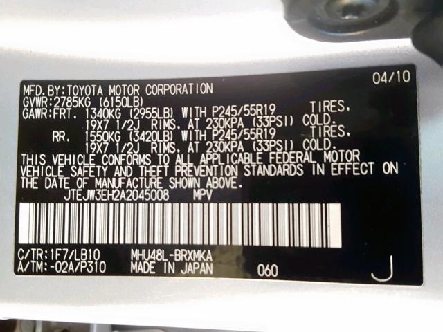 JTEJW3EH2A2045008 - 2010 TOYOTA HIGHLANDER SILVER photo 10