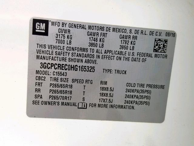 3GCPCREC0HG165325 - 2017 CHEVROLET SILVERADO WHITE photo 10