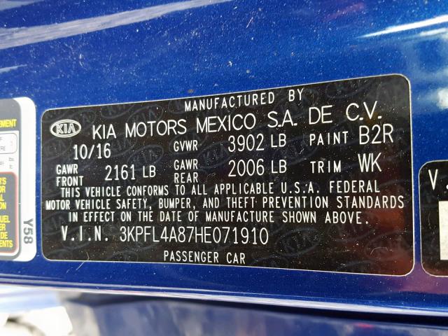 3KPFL4A87HE071910 - 2017 KIA FORTE EX BLUE photo 10