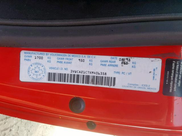 3VWCA21C7XM406358 - 1999 VOLKSWAGEN NEW BEETLE წითელი ფოტო 10