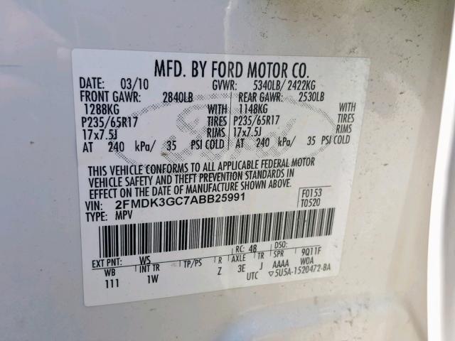 2FMDK3GC7ABB25991 - 2010 FORD EDGE SE WHITE photo 10