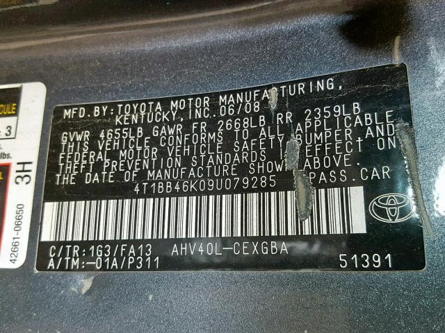 4T1BB46K09U079285 - 2009 TOYOTA CAMRY HYBR GRAY photo 10