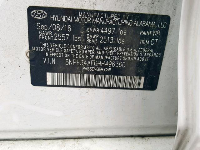 5NPE34AF0HH496360 - 2017 HYUNDAI SONATA SPO WHITE photo 10