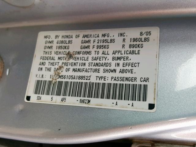 1HGCM56105A188522 - 2005 HONDA ACCORD DX SILVER photo 10