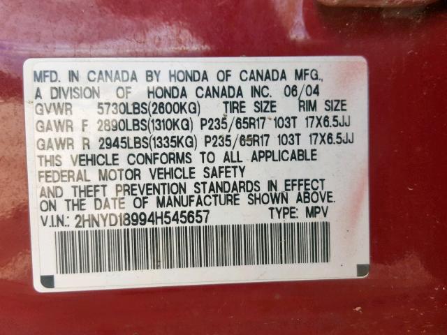 2HNYD18994H545657 - 2004 ACURA MDX TOURIN RED photo 10