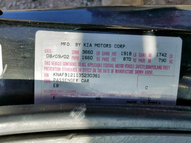 KNAFB121135230361 - 2003 KIA SPECTRA BA BLACK photo 10