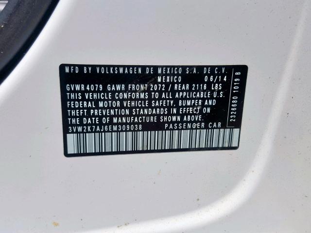 3VW2K7AJ6EM309038 - 2014 VOLKSWAGEN JETTA BASE WHITE photo 10