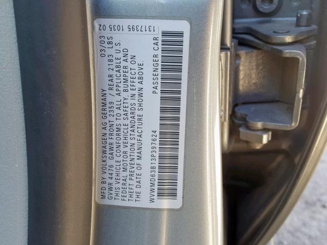 WVWMD63B13P397624 - 2003 VOLKSWAGEN PASSAT GL GRAY photo 10