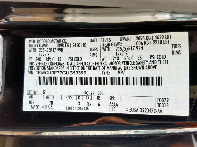 1FMCU0F77GUB53396 - 2016 FORD ESCAPE S BLACK photo 10