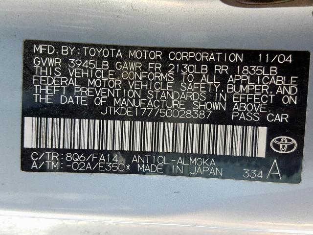 JTKDE177750028387 - 2005 TOYOTA SCION TC ლურჯი ფოტო 10