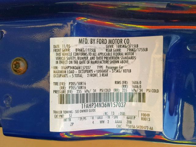 1FAHP34N36W157037 - 2006 FORD FOCUS ZX4 BLUE photo 10