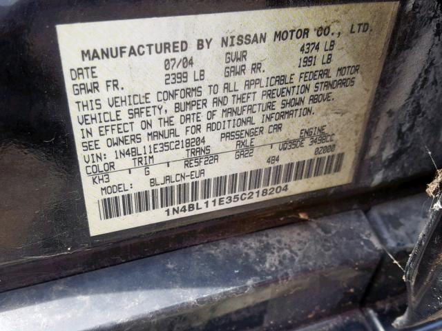 1N4BL11E35C218204 - 2005 NISSAN ALTIMA SE BLACK photo 10