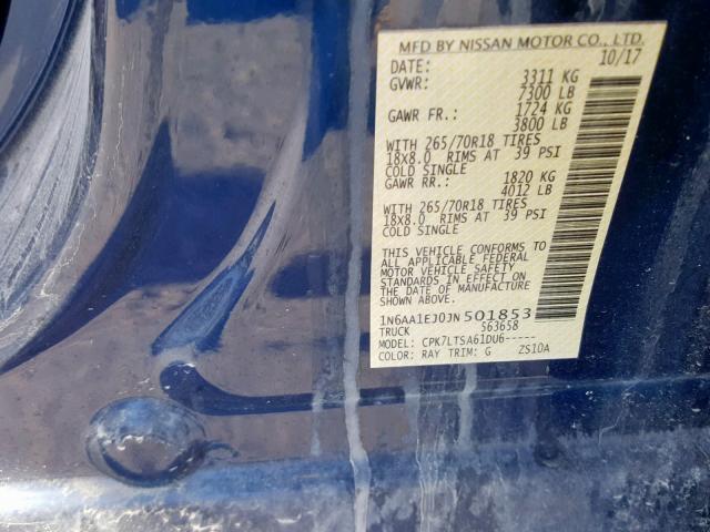 1N6AA1EJ0JN501853 - 2018 NISSAN TITAN S BLUE photo 10