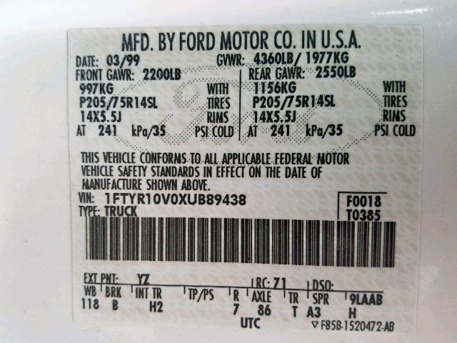 1FTYR10V0XUB89438 - 1999 FORD RANGER WHITE photo 10