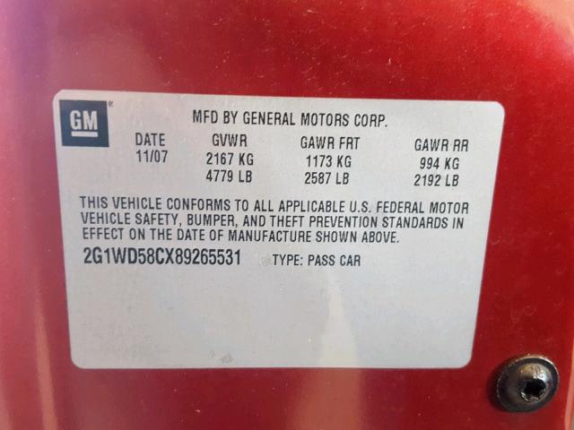 2G1WD58CX89265531 - 2008 CHEVROLET IMPALA SUP RED photo 10