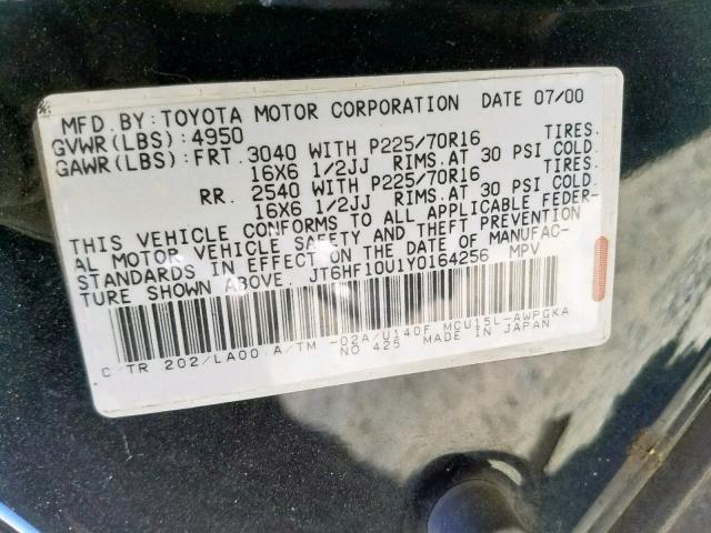 JT6HF10U1Y0164256 - 2000 LEXUS RX 300 BLACK photo 10