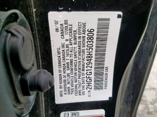 2HGFG12948H503806 - 2008 HONDA CIVIC EXL 黑色 照片 10