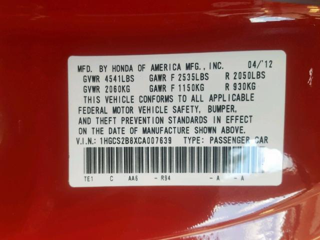 1HGCS2B8XCA007639 - 2012 HONDA ACCORD EXL RED photo 10