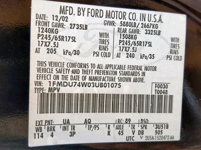 1FMDU74W03UB01075 - 2003 FORD EXPLORER E BLACK photo 10