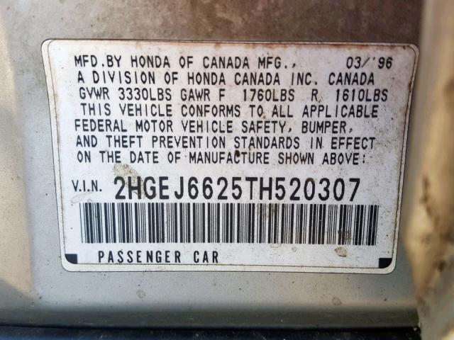 2HGEJ6625TH520307 - 1996 HONDA CIVIC DX SILVER photo 10