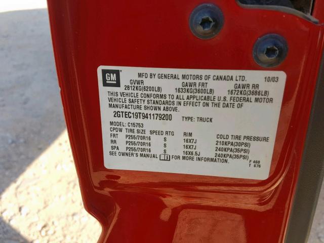 2GTEC19T941179200 - 2004 GMC NEW SIERRA RED photo 10