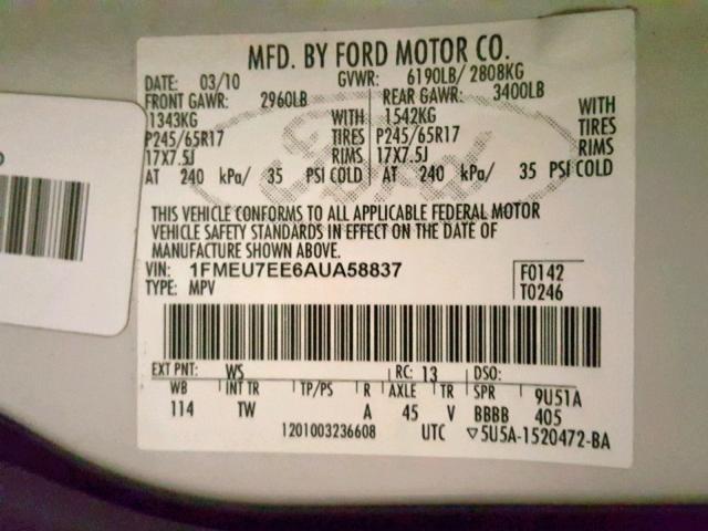 1FMEU7EE6AUA58837 - 2010 FORD EXPLORER E WHITE photo 10