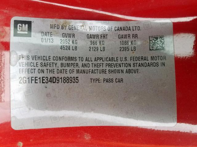 2G1FE1E34D9188935 - 2013 CHEVROLET CAMARO LS RED photo 10