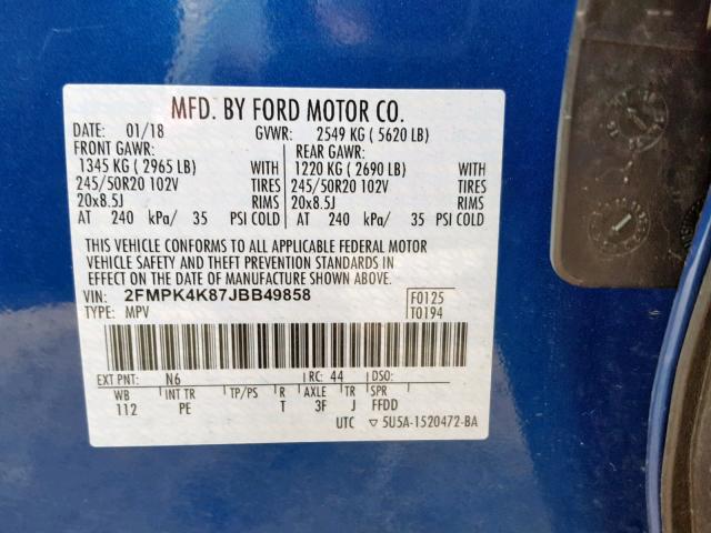 2FMPK4K87JBB49858 - 2018 FORD EDGE TITAN BLUE photo 10