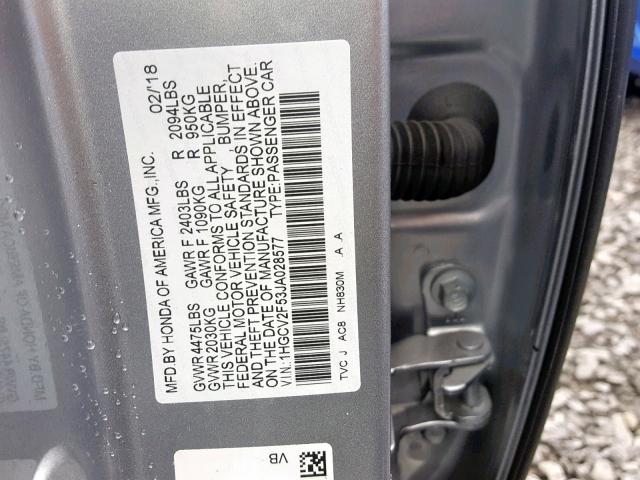 1HGCV2F53JA028577 - 2018 HONDA ACCORD EXL SILVER photo 10