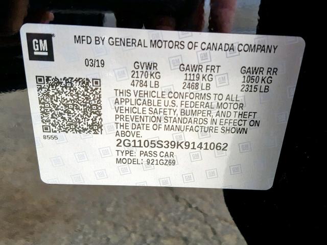 2G1105S39K9141062 - 2019 CHEVROLET IMPALA PRE BLACK photo 10