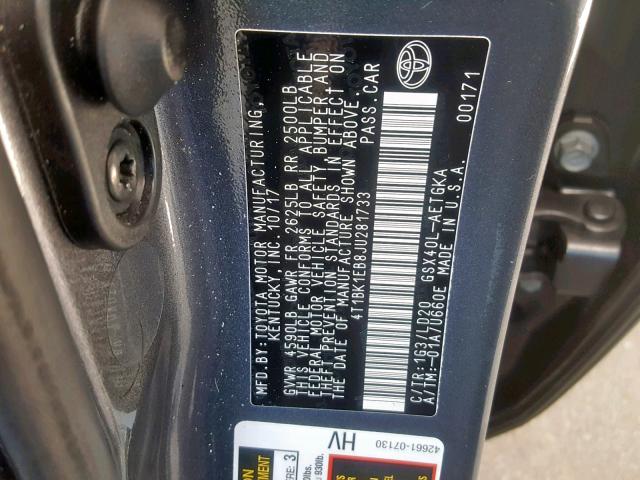 4T1BK1EB8JU281733 - 2018 TOYOTA AVALON XLE GRAY photo 10