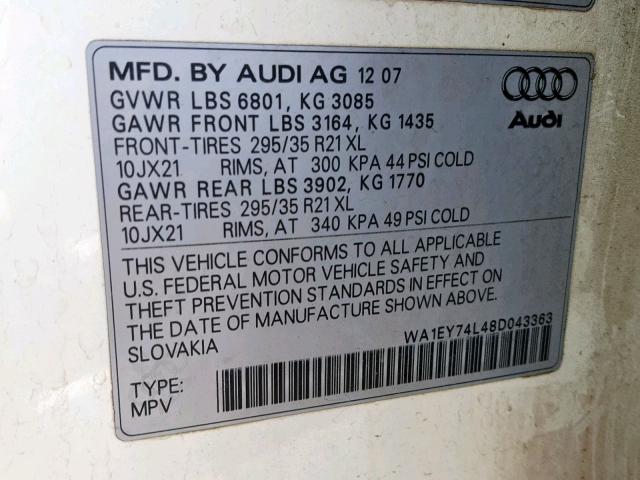 WA1EY74L48D043363 - 2008 AUDI Q7 3.6 QUA BLACK photo 10