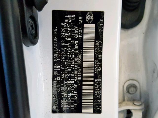 4T1B11HK6JU558653 - 2018 TOYOTA CAMRY L WHITE photo 10