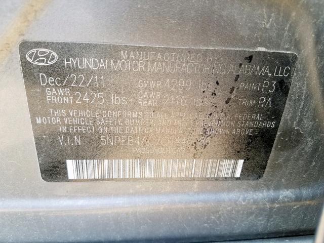 5NPEB4AC7CH446086 - 2012 HYUNDAI SONATA GLS GRAY photo 10