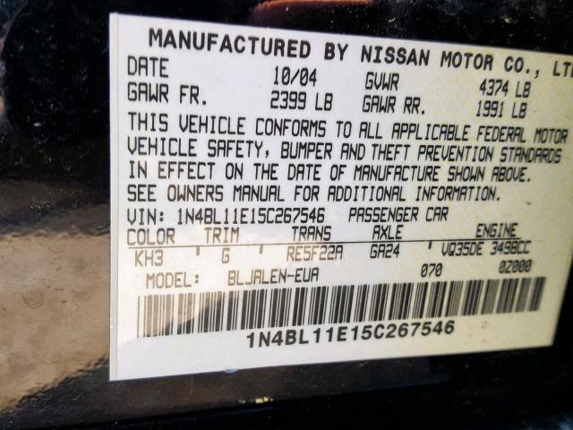 1N4BL11E15C267546 - 2005 NISSAN ALTIMA SE BLACK photo 10